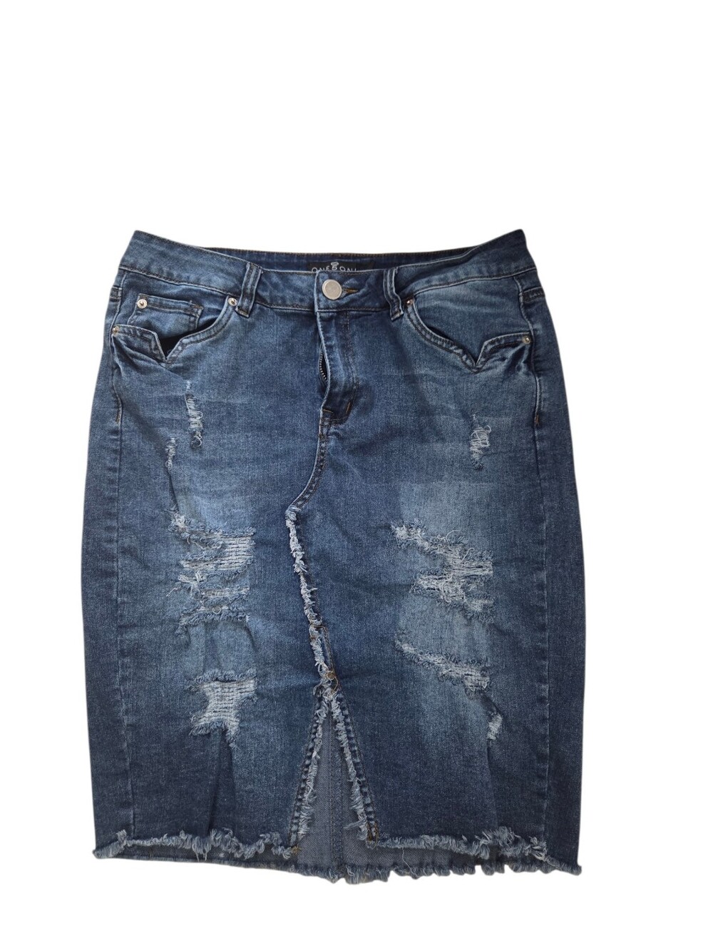 One 5 One medium wash denim knee length skirt with slit, L. EUC.